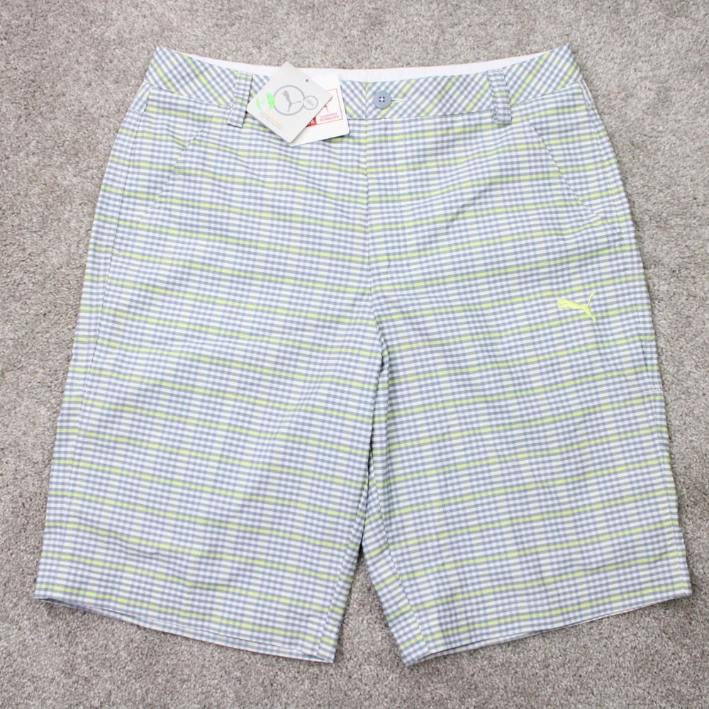 Puma Shorts NWT Mens 32 Gray/Yellow Checkered‎ Dry Cell CleverDry w/ Pockets